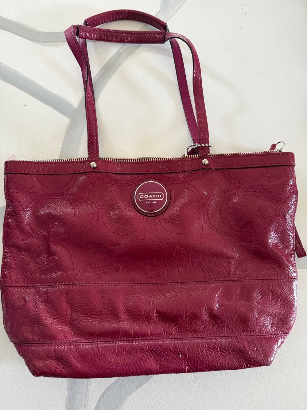 Coach Burgundy Leather Tote with Signature Medallion